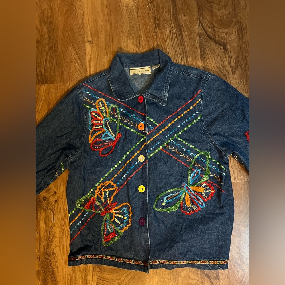 Carrie Allen colorful denim jacket with sequin butterflies. Womens size L